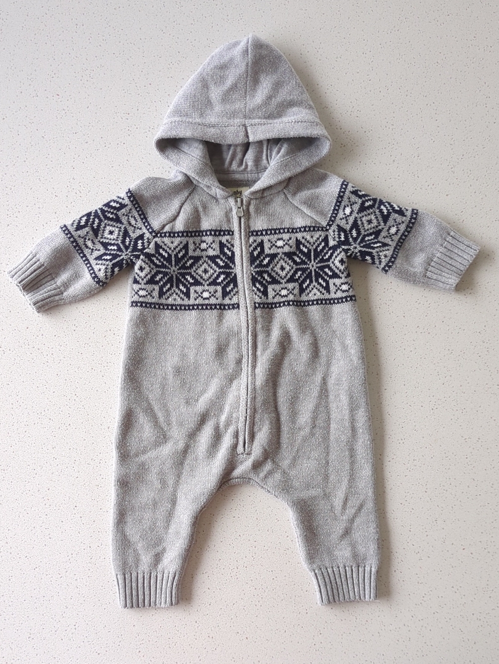Hooded Knit Baby One-Piece with Nordic Pattern - Light Gray